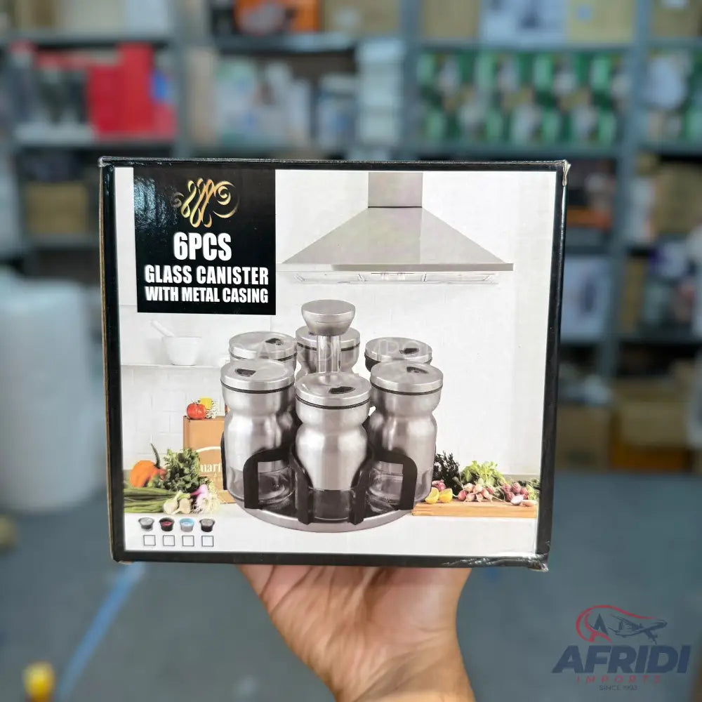 Rotating Spice Jars - Glass Jars with Metal Casing - (6-pieces set)